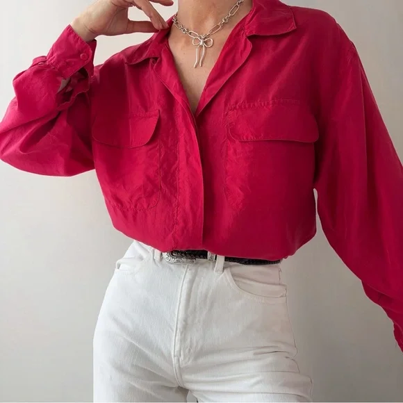 Vintage 100% silk cherry red blouse / button down shirt paper thin oversized - Picture 2 of 6